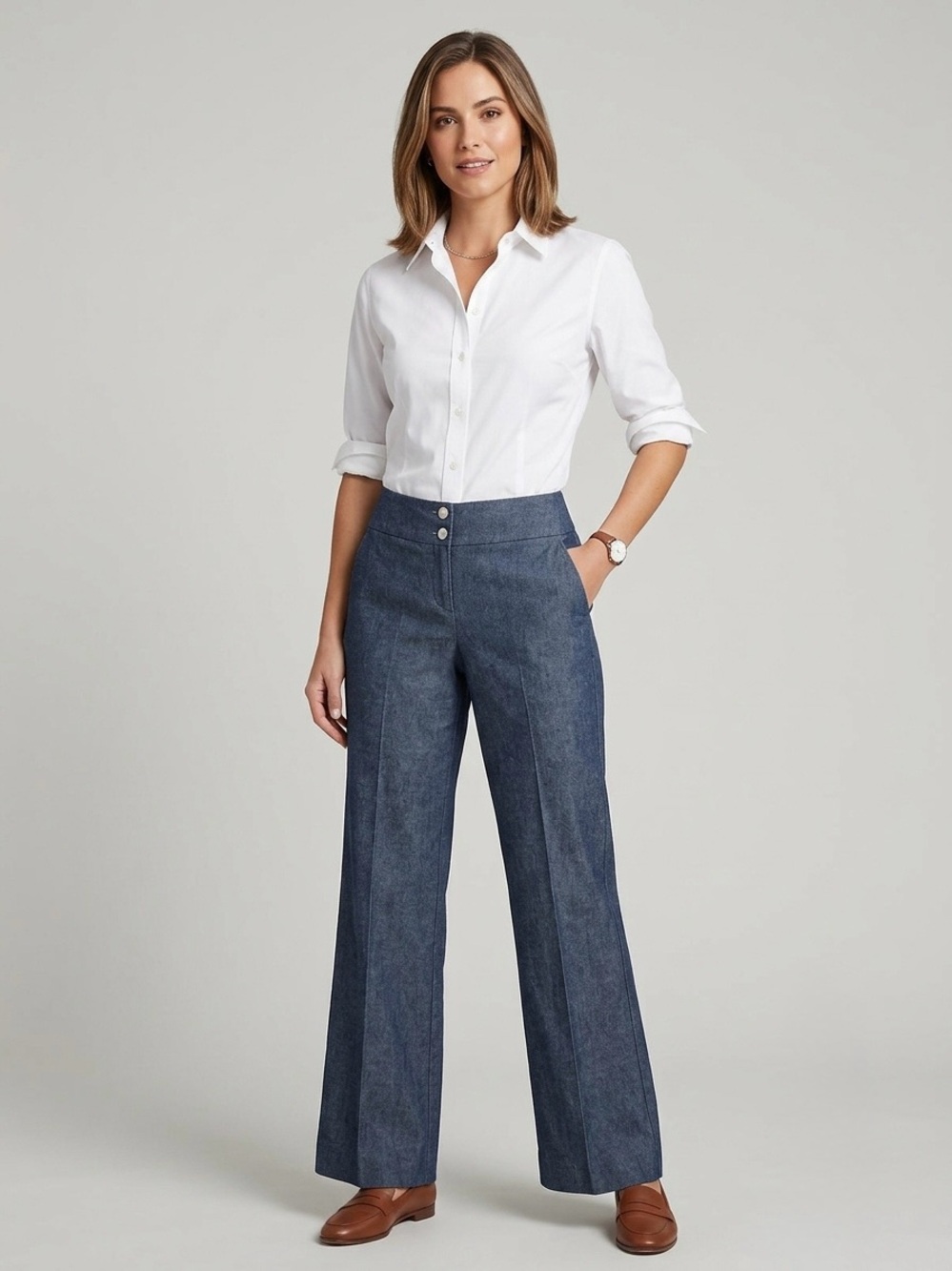 Sandro Wide Leg Cotton Trousers Blue Denim Look 8 Office Career Business Casual
